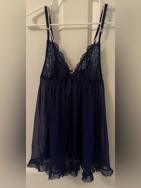 Victoria's Secret Navy Lace & Sheer V-Neck Babydoll with Pink Accent Straps